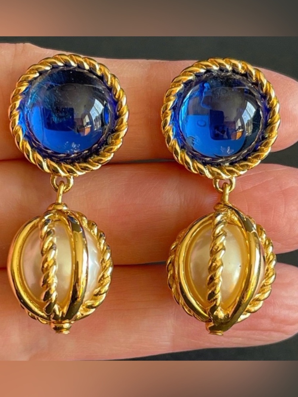 Givenchy Blue Glass Cabochon top and a Faux Pearl drop Clip-on Earrings -VINTAGE